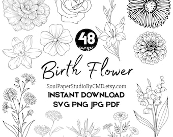 Paquete SVG de flores de nacimiento: 48 diseños florales de arte lineal (descarga digital)
