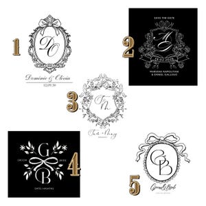 May include: A collection of five wedding crest designs in black and white, with gold accents. Each design features initials, floral elements, and decorative frames. Some include dates and names, perfect for wedding invitations and stationery.