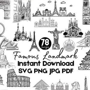 Weltbekannte als Strichzeichnungen | Reise-Doodle-SVG-Bundle (78 Designs) – Kommerzielle Nutzung, Sofort-Download