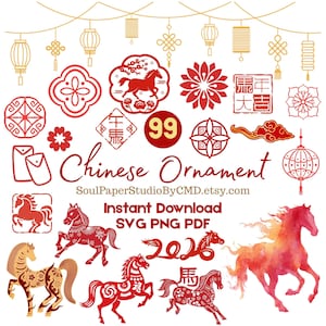 May include: A selection of red and gold Chinese ornaments, featuring horse illustrations, lanterns, and floral designs. The text "Chinese Ornament" and "Instant Download" are visible. The number "99" is displayed in a red circle.