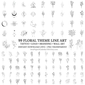 May include: A collection of 99 floral theme line art designs in black and white. The designs include various flowers, moons, and celestial elements. Text on the image reads "99 FLORAL THEME LINE ART" and "INSTANT DOWNLOAD | SVG + PNG TRANSPARENT".