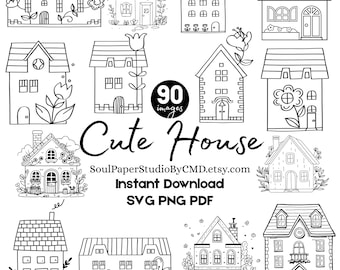 May include: A collection of 12 black and white line art illustrations of houses, each with unique architectural details. The phrase "Cute House" is displayed in a stylized font, along with the text "90 images" and "Instant Download". The image also includes the website address SoulPaperStudioByCMD.etsy.com.