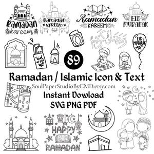 May include: Black and white line art illustrations of Ramadan and Islamic icons, including mosques, lanterns, and text that reads "Ramadan Kareem" and "Eid Mubarak". The image also includes the text "Ramadan / Islamic Icon & Text" and "Instant Download".