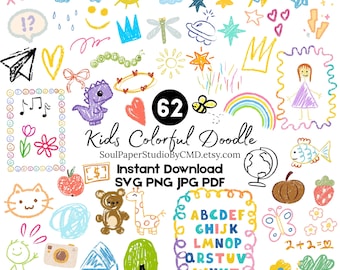 Kids Doodle Clipart SVG | 62 Crayon Illustrations (Digital Download)