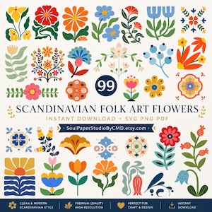 Op de afbeelding: Een verzameling van 99 kleurrijke Scandinavische volkskunst bloemillustraties in diverse vormen en maten, met rode, oranje, gele, blauwe en groene botanische motieven, inclusief de tekst SCANDINAVIAN FOLK ART FLOWERS en SoulPaperStudioByCMD.etsy.com.