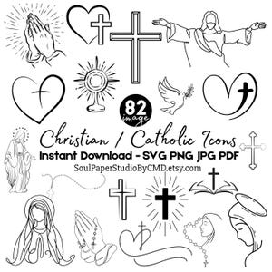 Puede incluir: Una colección de 82 iconos cristianos y católicos en blanco y negro. La imagen incluye cruces, manos rezando, corazones con cruces, una paloma e ilustraciones de figuras religiosas. El texto dice "Christian / Catholic Icons" y "Instant Download - SVG PNG JPG PDF".