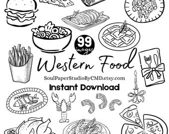 Paquete de imágenes prediseñadas de comida occidental: 99 ilustraciones dibujadas a mano (SVG, PNG, PDF)