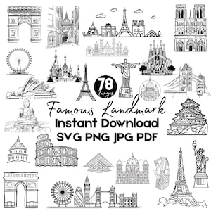 World Landmark Line Art | Travel Doodle SVG Bundle (78 Designs) Commercial Use, Instant Download