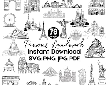 World Landmark Line Art | Travel Doodle SVG Bundle (78 Designs) Commercial Use, Instant Download