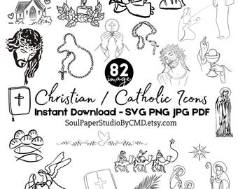 May include: Black and white line art illustrations of Christian and Catholic icons, including a church, candles, an angel, a chalice, a rosary, and Jesus. Text reads "Christian / Catholic Icons" and "82 image".