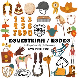 Pode incluir: Uma coleção de ilustrações com tema equestre e rodeio. Inclui um chapéu de cowboy, uma ferradura, um capacete de equitação, um cavalo, botas e outros itens relacionados. O texto "EQUESTRIAN / RODEO" é exibido em destaque.