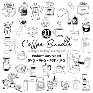 Könnte beinhalten: Schwarz-weiße Strichzeichnungen von Kaffeeutensilien und -getränken, darunter Kaffeebohnen, Espressomaschinen und verschiedene Kaffeegetränke. Der Text "Coffee Bundle" und "Instant Download" ist ebenfalls enthalten.