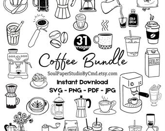 Kaffee Bundle Illustrationen: Handgezeichnetes Doodle SVG und PNG Clipart (Instant Download, Lizenz für kommerzielle Nutzung)