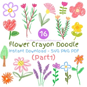 Può includere: Una collezione di sedici scarabocchi di fiori in stile pastello in varie forme e colori, tra cui rosa, giallo, arancione e viola. Il testo "Flower Crayon Doodle" è visualizzato sotto.