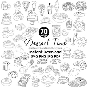 Puede incluir: Ilustración en blanco y negro de varios postres, incluyendo pasteles, bollería, helados y galletas. Se muestra el texto "Dessert Time", junto con "70 images" y "Instant Download".
