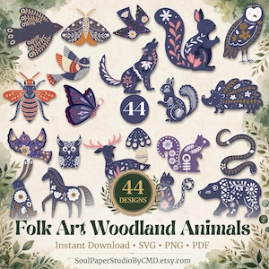 Könnte beinhalten: Eine Sammlung von 44 digitalen Illustrationen mit Waldtieren und Insekten im Volkskunststil. Die dunkelblauen und violetten Kreaturen umfassen einen Bären, einen Hirsch, eine Eule, ein Eichhörnchen, einen Igel, ein Pferd, einen Hasen und Insekten.