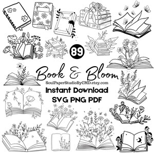 Puede incluir: Ilustraciones en blanco y negro de libros y elementos florales. La imagen incluye varios libros abiertos y cerrados, algunos con arreglos florales, y el texto "Book & Bloom" y "Instant Download SVG PNG PDF".