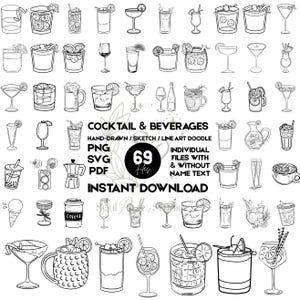 Può includere: Illustrazione in bianco e nero di vari cocktail e bevande. L'immagine presenta una varietà di bicchieri, tazze e brocche. Il testo sull'immagine recita "COCKTAIL & BEVERAGES" e "INSTANT DOWNLOAD".