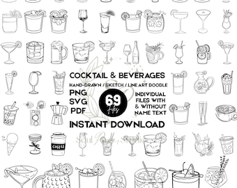 69 Hand-Drawn Cocktail Doodle Outline Set: Line Art Drink Illustrations (PNG SVG PDF)