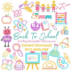 Kinder Buntstift Doodle Clipart SVG PNG PDF | 62 Back To School Illustrationen (Digitaler Download)
