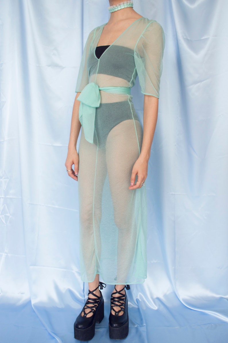 S Princess Long Sheer Transparent Pastel Green Turquoise Belted Short Sleeve Dress