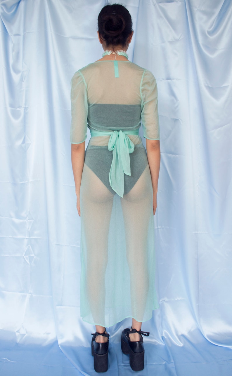 S Princess Long Sheer Transparent Pastel Green Turquoise Belted Short Sleeve Dress