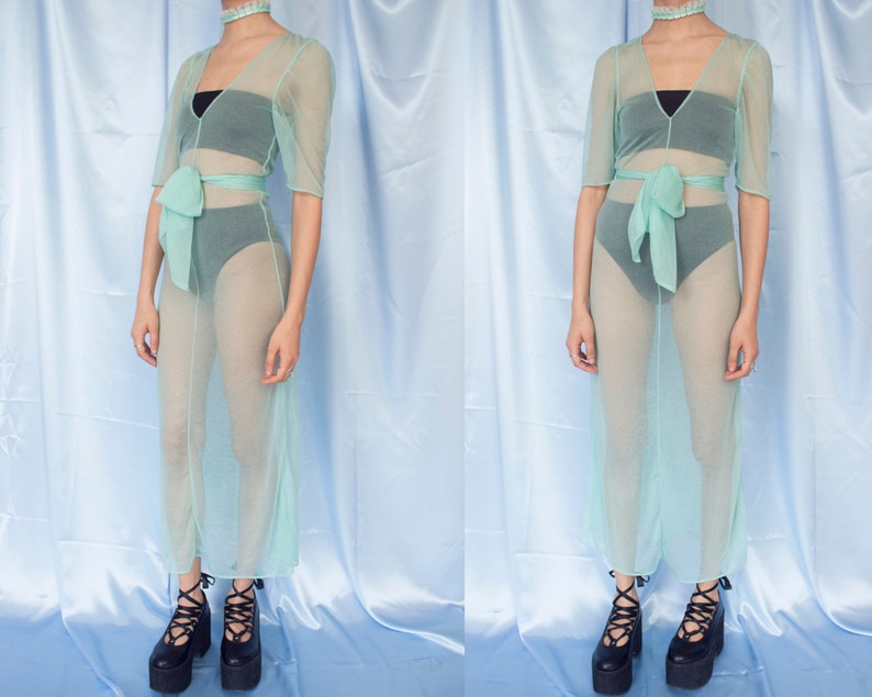 S Princess Long Sheer Transparent Pastel Green Turquoise Belted Short Sleeve Dress