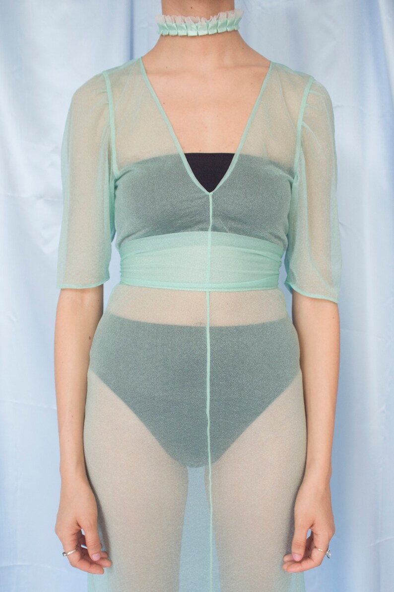 S Princess Long Sheer Transparent Pastel Green Turquoise Belted Short Sleeve Dress