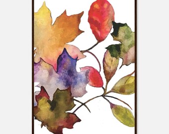 May include: A watercolour painting of colourful autumn leaves in shades of red, orange, yellow, green, purple, and brown. The leaves are arranged in a cluster and appear to be floating on a white background.