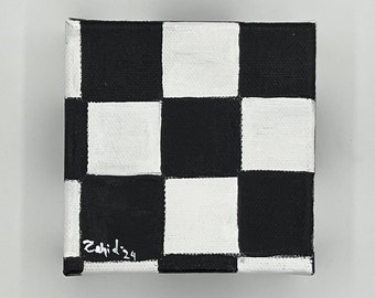 Miniature Chess black & white painting, small painting, tiny canvas, mini canvas, 4x4