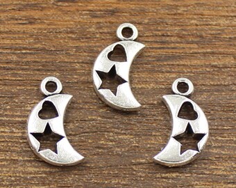 20pcs Moon and Star Charms Antique Silver Tone Double Side 9.5x17.5mm - SH501