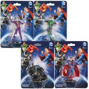 May include: Five DC Comics action figures on blister packs. The figures are of Superman, Batman, The Joker, The Flash, and Green Lantern. The figures are posed in action poses and are made of plastic.