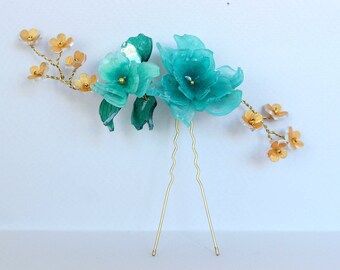 Turquoise floral hair pin for bridesmaids