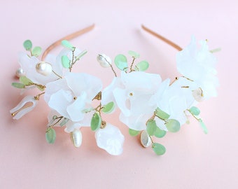 FLORA | White floral bride headband, flower wedding headpiece