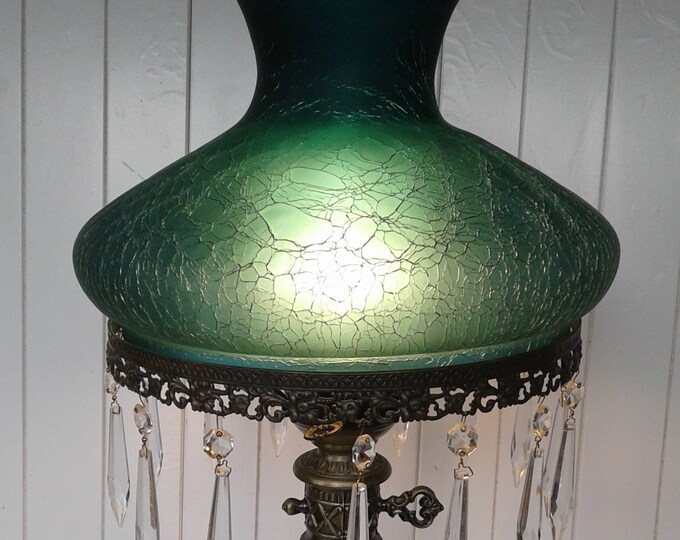 Vintage Crackle Glass Parlor Lamp, Vintage Lamp With Prisms, Accent