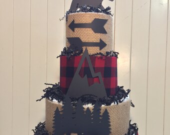 4-Tier Lumberjack Diaper Cake, Black Bear Diaper Cake, Baby Shower Decor, Centerpiece, Gift, Gender Reveal Decor, Woodland Diaper Cake