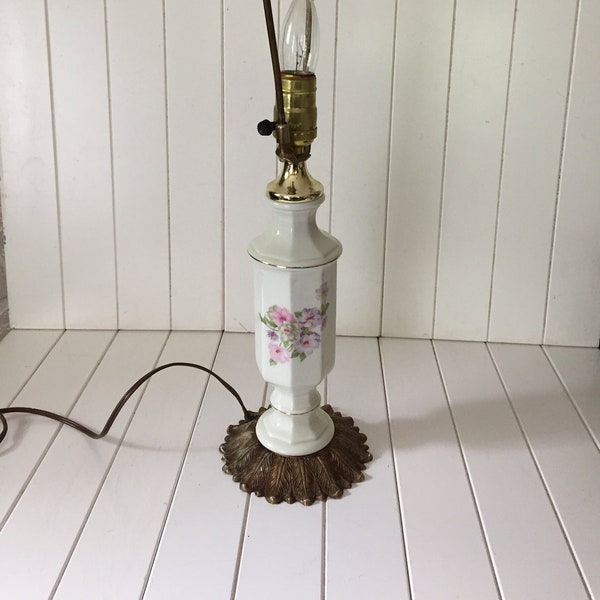 Vintage Floral Porcelain And Metal Base Lamp, Vintage Table Lamp, Cottage Decor, Vintage Lamp,  Gift