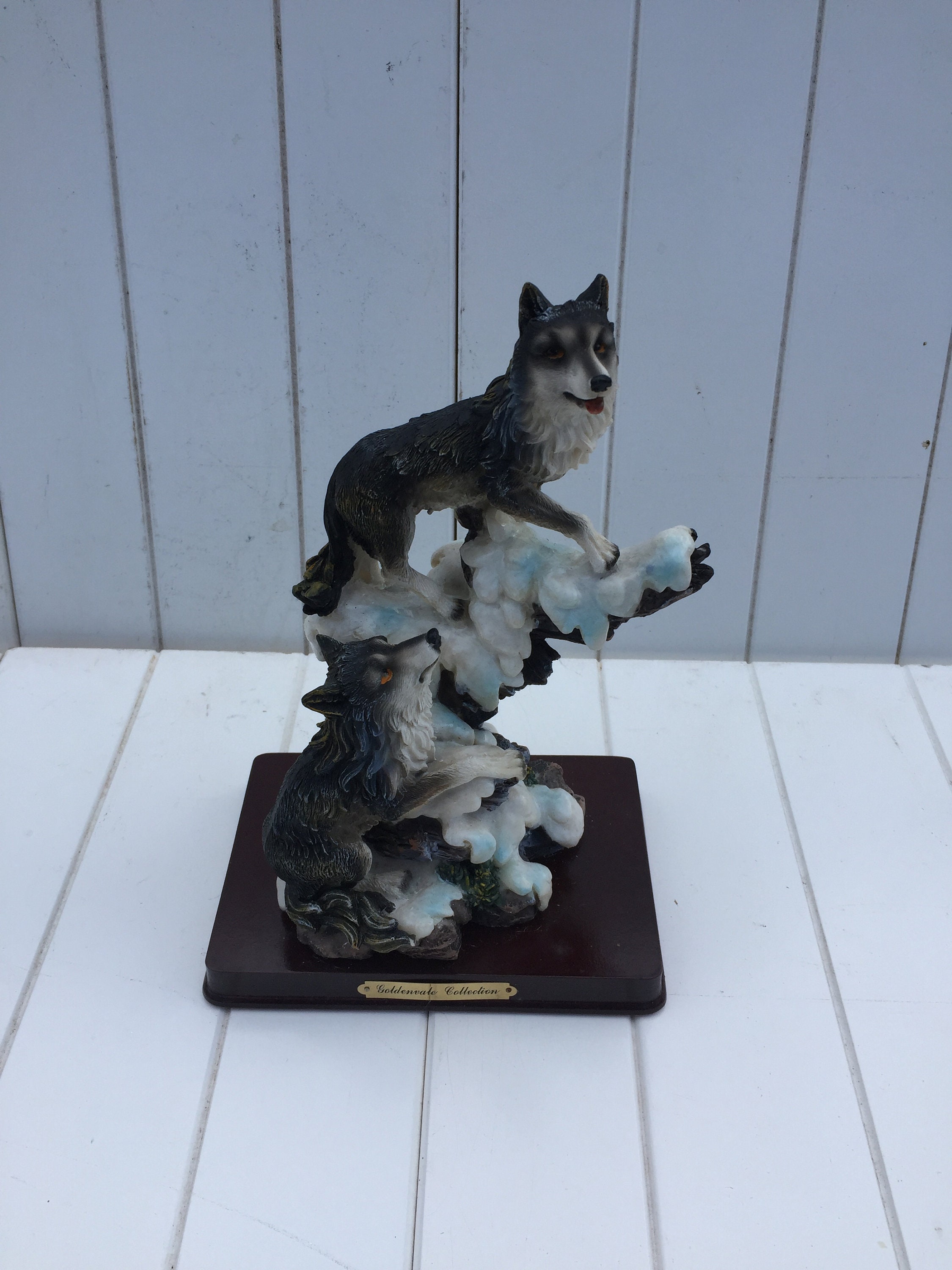 Goldenvale Collection Wolf Figurine On Wood Winter Scene | Etsy
