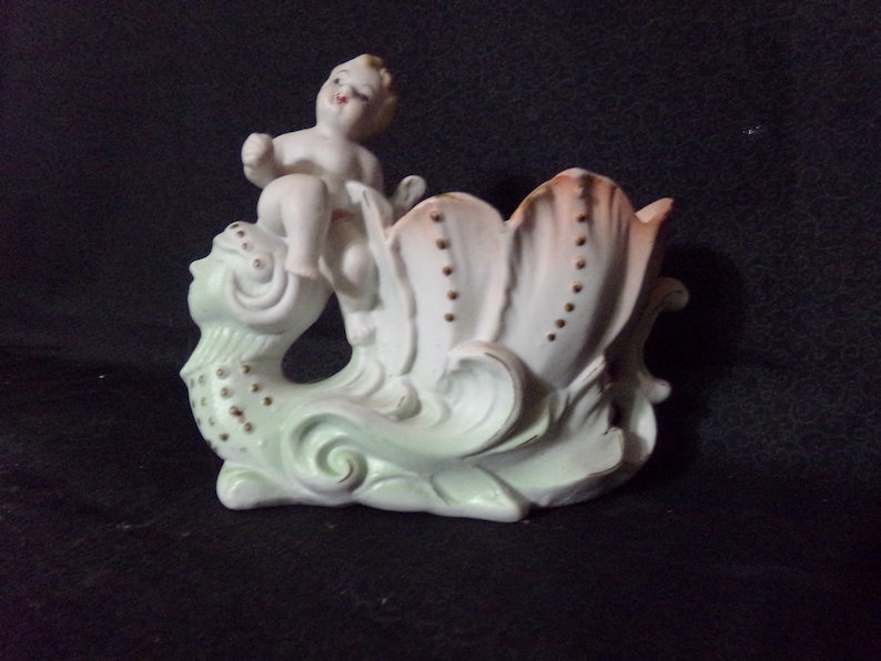 Occupied Japan Red Lettered Planter Figurine,Vintage Figurine,Oriental Figurine Cherub On Mythical Sea Dragon Vintage,Antique,Collectable