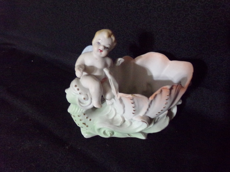 Occupied Japan Red Lettered Planter Figurine,Vintage Figurine,Oriental Figurine Cherub On Mythical Sea Dragon Vintage,Antique,Collectable