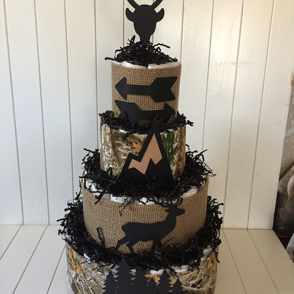 4-Tier Camo Realtree Diaper Cake Centerpiece, Deer Diaper Cake, Woodland Diaper Cake, Party Decor, Baby Shower, Buck Diaper Cakes, Gift