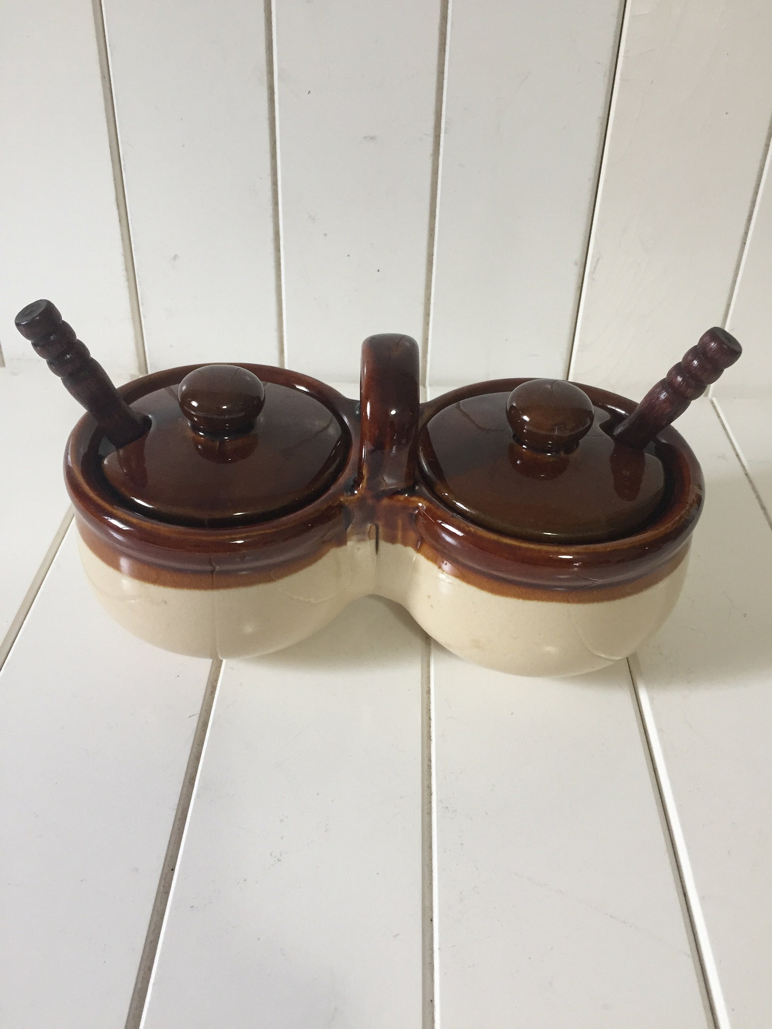 Vintage Brown Condiment Dish With Spoons and Handle Vintage Etsy