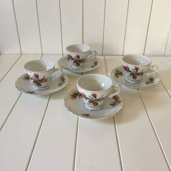 Set Of 4 Vintage Demitasse Teacups And Saucers, Vintage Rose Teacup And Saucer, Vintage Teacups And Saucer, Table Decor, Cottage Decor, Gift
