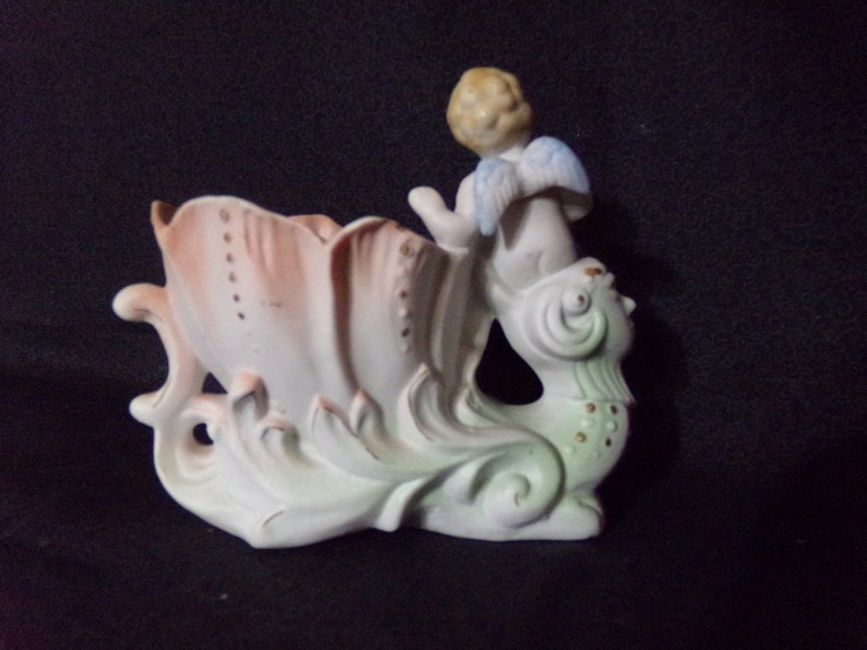 Occupied Japan Red Lettered Planter Figurine,Vintage Figurine,Oriental Figurine Cherub On Mythical Sea Dragon Vintage,Antique,Collectable