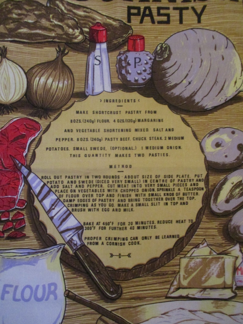 Vintage Cornish Pasty Recipe Cotton Souvenir Tea Towel