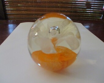 Orange White  Swirl  Design Glass Paperweight Vintage Art Glass Round Globe Dome Ball Paper Weight Retro Paperweight