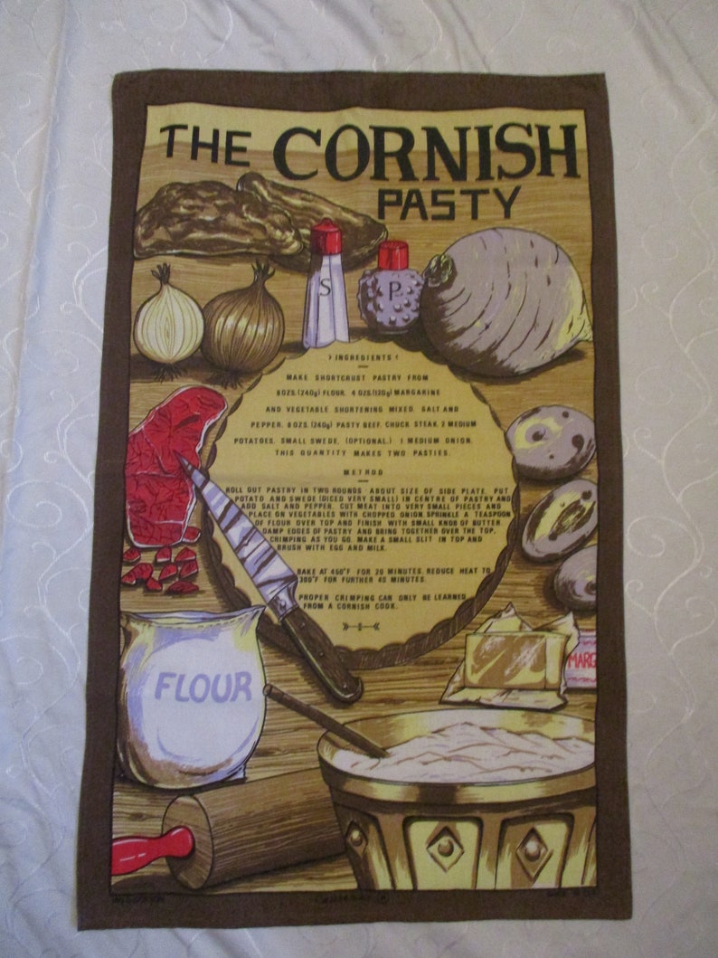 Vintage Cornish Pasty Recipe Cotton Souvenir Tea Towel