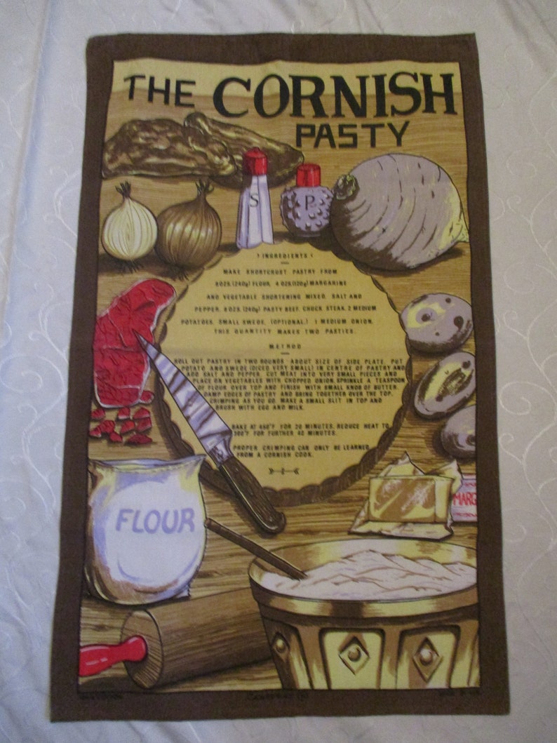 Vintage Cornish Pasty Recipe Cotton Souvenir Tea Towel