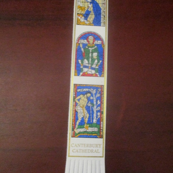 Cream / White  Leather Bookmark Canterbury Cathedral Stained Glass Window  Gold Gilt Detail
