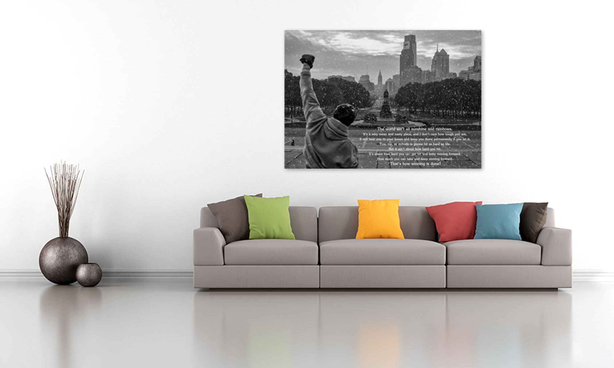 Rocky Balboa and film quote, high-quality canvas wall art in black and white